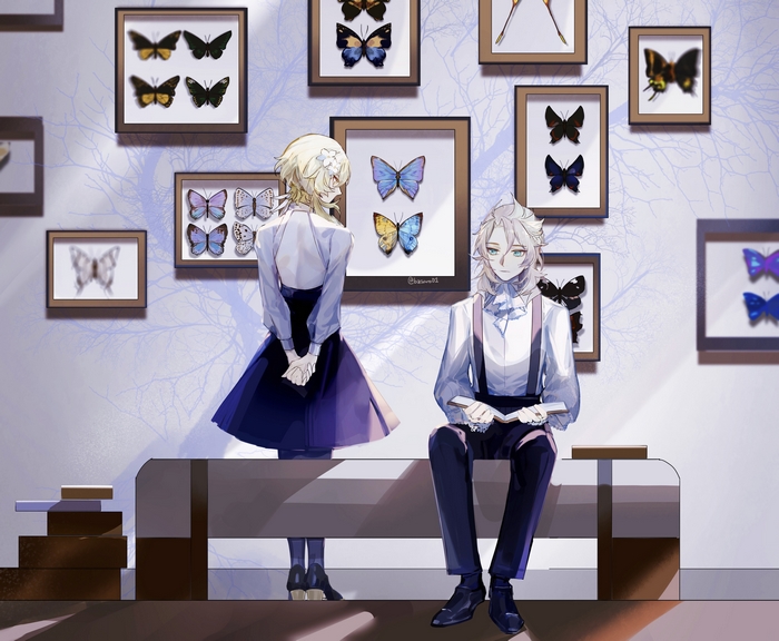 Albedo and Lumine from Genshin Impact with butterfly collection