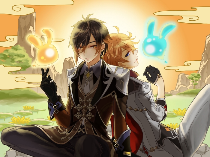 Zhongli and Tartaglia from Genshin Impact with elemental companions