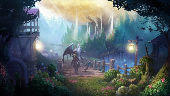 Winged figure walks on a bridge in a fantasy forest