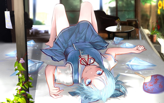 Cirno from Touhou Project lying on the floor