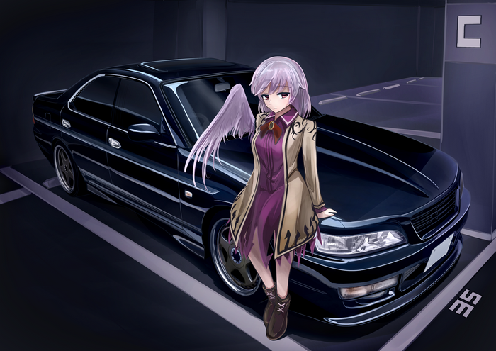 Sagume Kishin from Touhou with a car