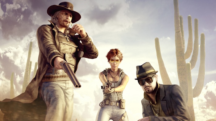 Three characters from Call of Juarez: The Cartel in a desert 4K