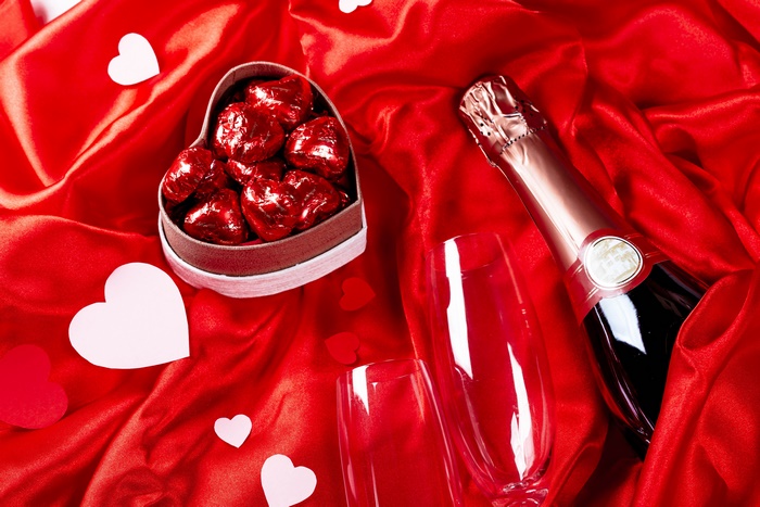 Valentines Day Champagne and Heart Chocolates