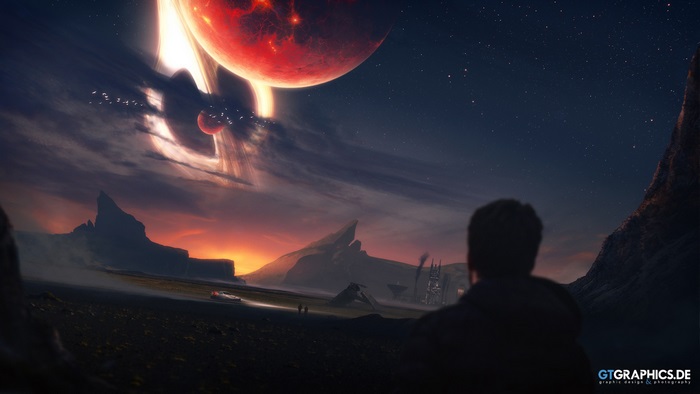 Alien planet with red moon and rings