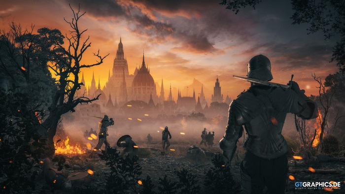 Knights in battle before a fantasy city at sunset