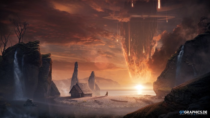 Apocalyptic landscape with meteor shower and lone figure