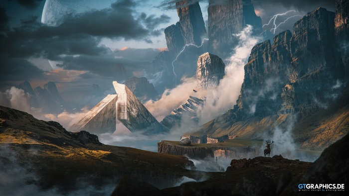 Fantasy landscape with lightning and deer