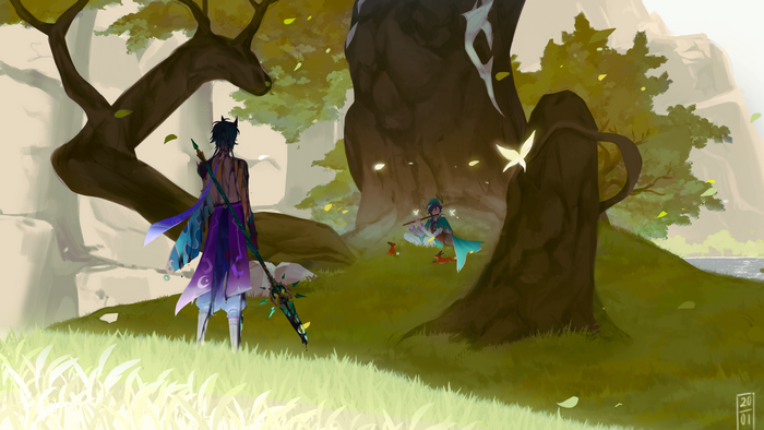 Xiao and Venti from Genshin Impact in a forest