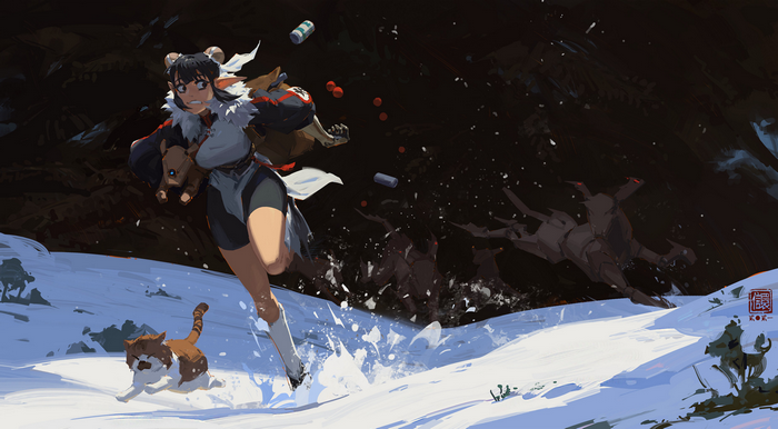 Girl running from dark creatures in winter