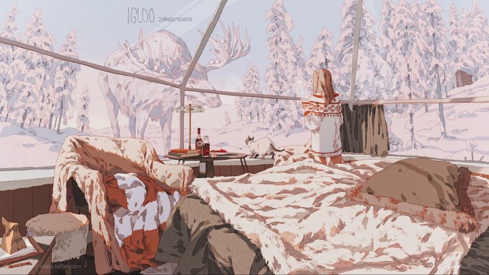 Girl in Igloo with Giant Snow Moose Outside