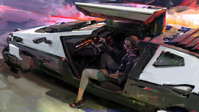 Woman in futuristic car