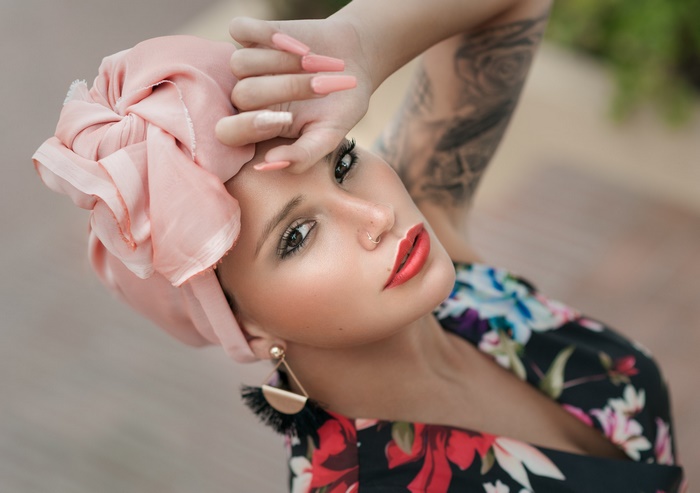 Woman with Pink Headwrap and Red Lipstick