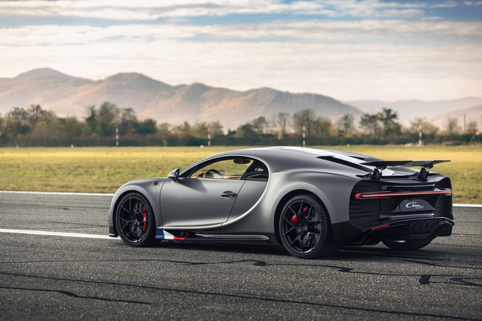 Bugatti Chiron Sport silver supercar on a road