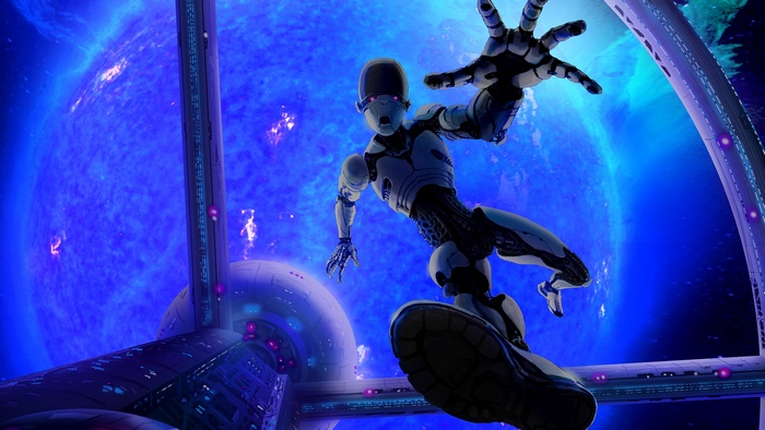Robot in space near a blue star