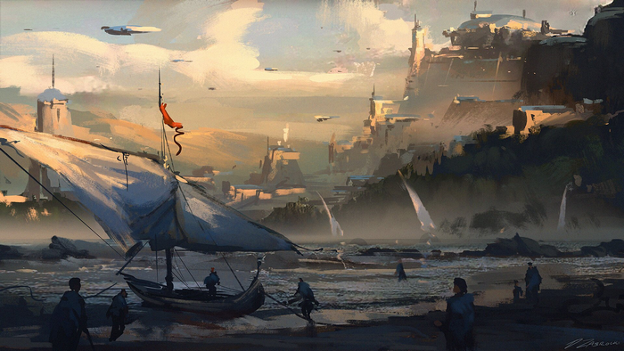 Sci-fi city with sailing boats and flying vehicles
