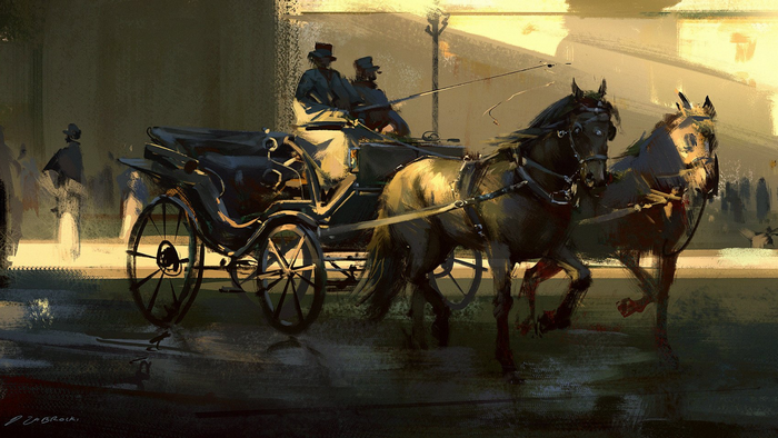 Horse-drawn carriage with two figures and horses