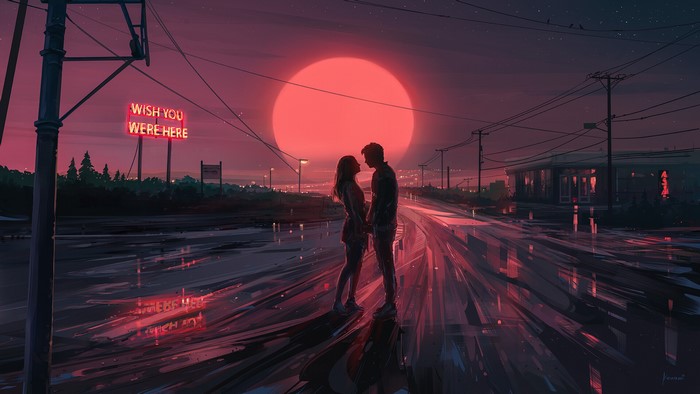 Couple under a large red sun with "Wish You Were Here" sign