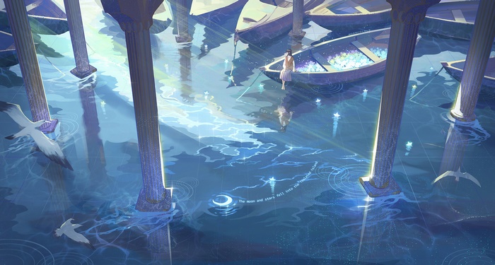 Girl in boat with columns and seagulls