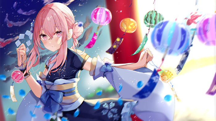 Girl in Kimono with Pink Hair and Pink Eyes