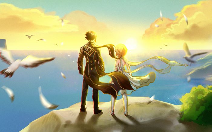 Lumine and Zhongli from Genshin Impact by the sea at sunset