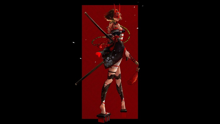 Fantasy Woman Warrior with Mask and Swords