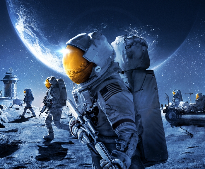 Astronauts on the Moon with Earth in the Background