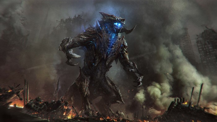 Mega Kaiju in destroyed city