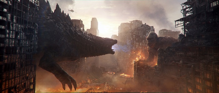 Godzilla and King Kong in a destroyed city