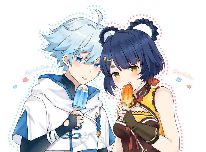 Xiangling and Chongyun from Genshin Impact eating popsicles
