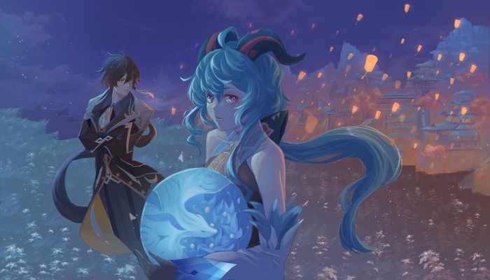 Ganyu and Zhongli from Genshin Impact with lanterns