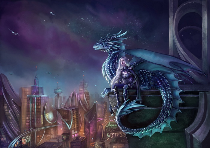 Fantasy Dragon and Elf in Futuristic City