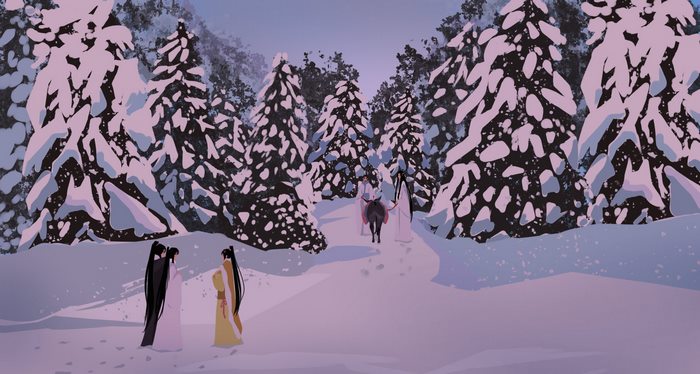 Lan Zhan and Wei Wuxian in a snowy forest