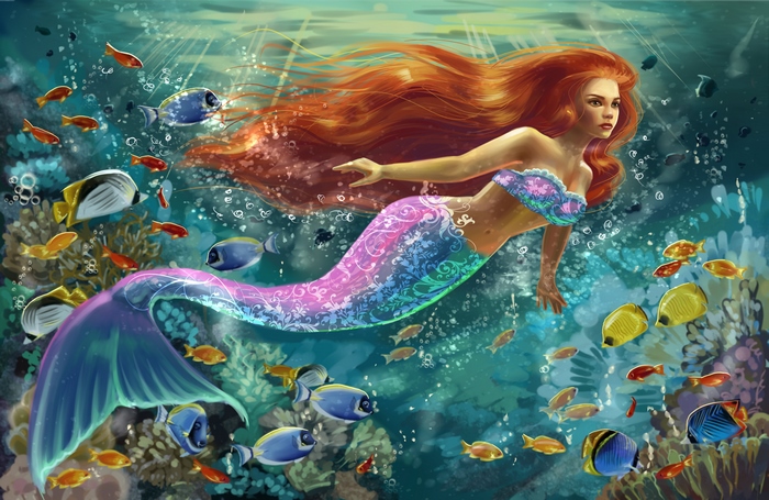 Fantasy Mermaid with Red Hair and Fish
