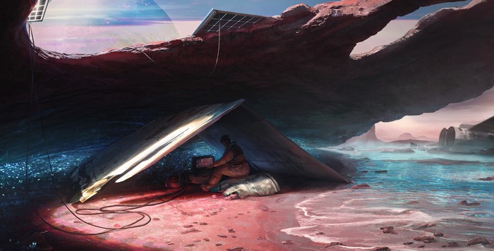 Astronaut in a makeshift shelter by alien water
