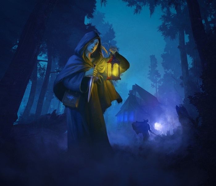 Woman with lantern and dagger in a dark forest
