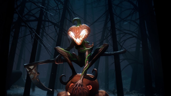 Scarecrow with Scythe in a Dark Forest