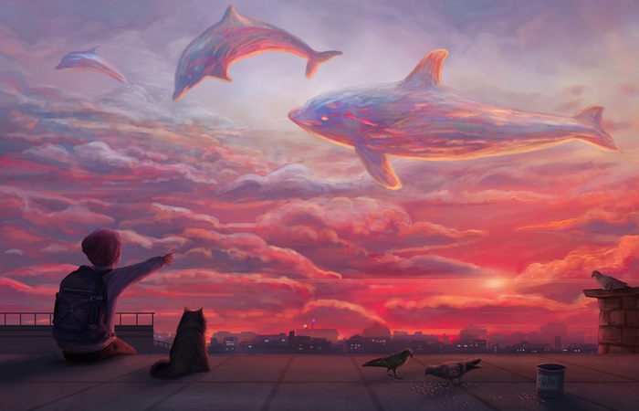 Fantasy Child and Cat Watching Sky Dolphins at Sunset 4K