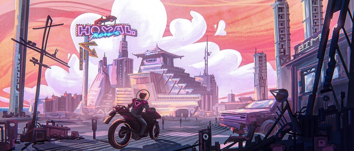 Motorcycle rider in a futuristic cyberpunk city