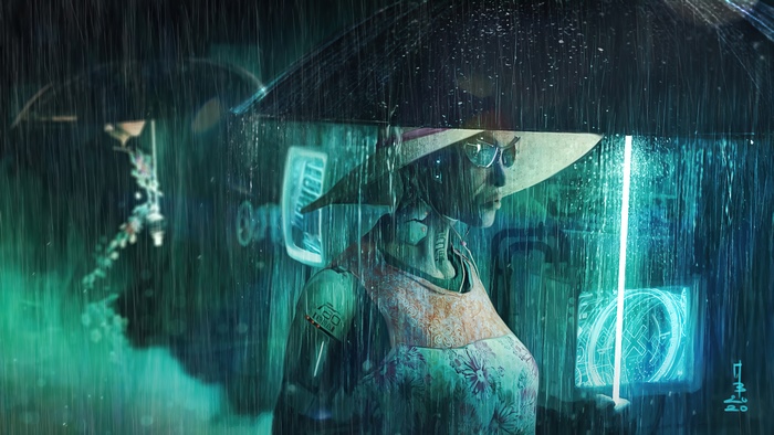 Cyborg woman with umbrella in cyberpunk city