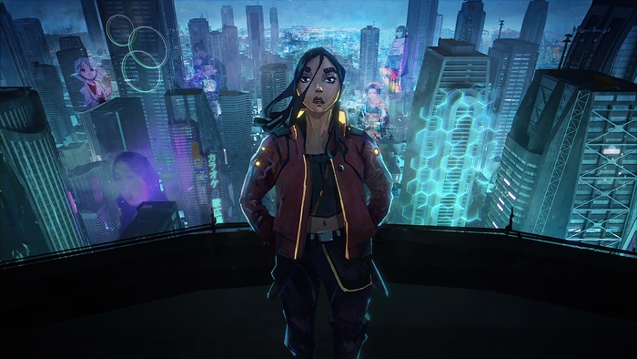 Woman in futuristic city with holograms