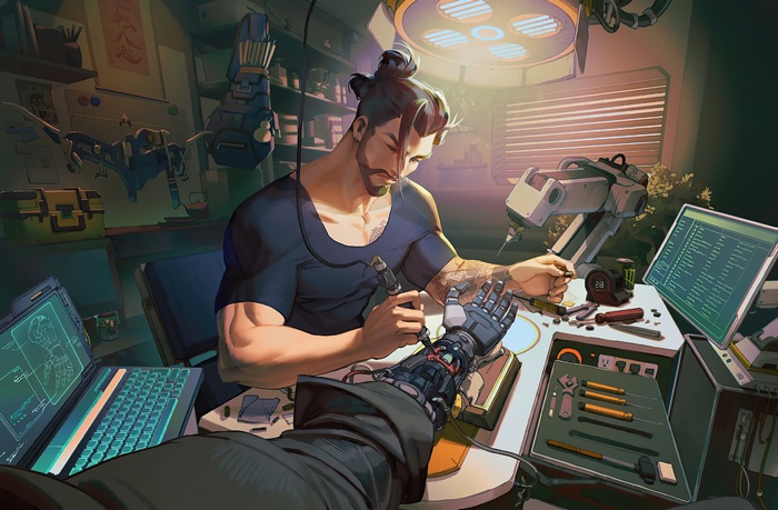 Hanzo from Overwatch working on a prosthetic arm