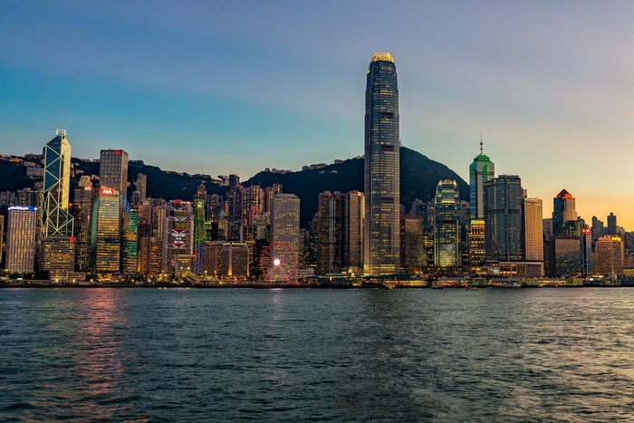 Hong Kong skyline at dusk with Victoria Harbour
