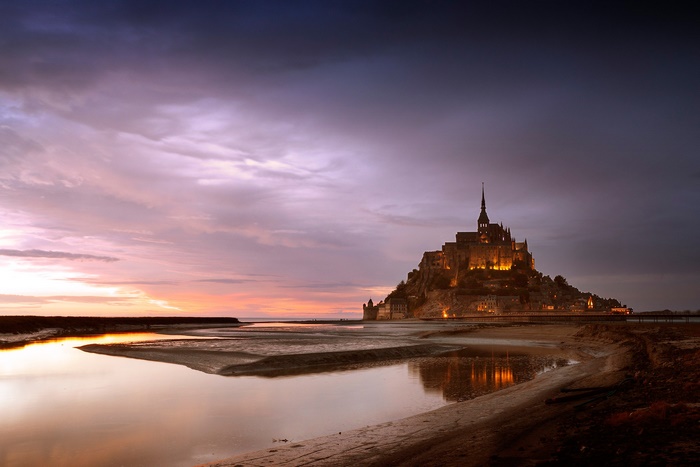 Mont Saint-Michel Monastery in France at Dusk