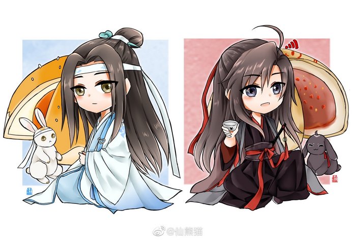 Lan Wangji and Wei Wuxian with rabbits