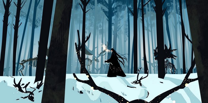 Wei Wuxian in a snowy forest with skeletons