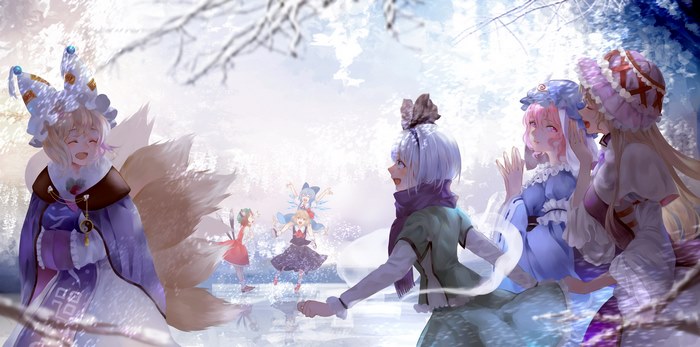 Ran Yakumo and friends ice skating in winter