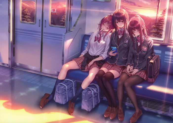 Three schoolgirls sleeping on a train at sunset