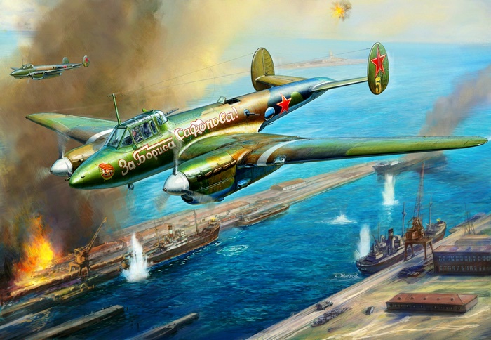 Petlyakov Pe-2 bomber attacking a harbor