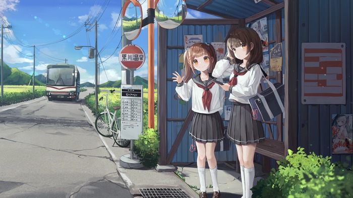 Two schoolgirls at a bus stop with a bus approaching