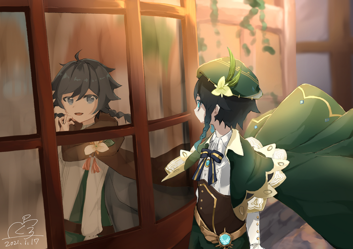 Venti from Genshin Impact looking through a window